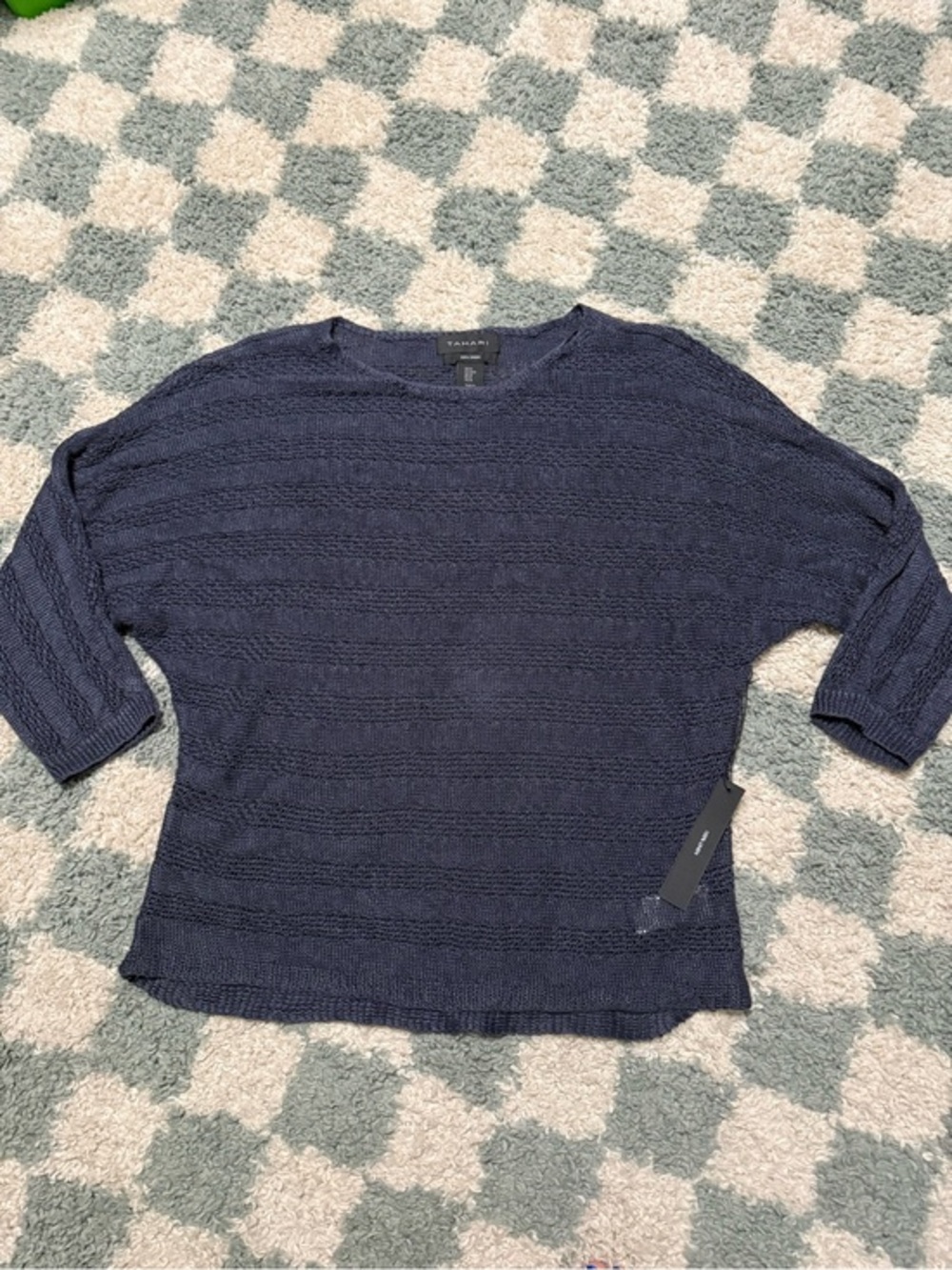 Tahari NWT Linen Navy Textured Open Knit Dolman Sleeve Sweater Top Beach Medium